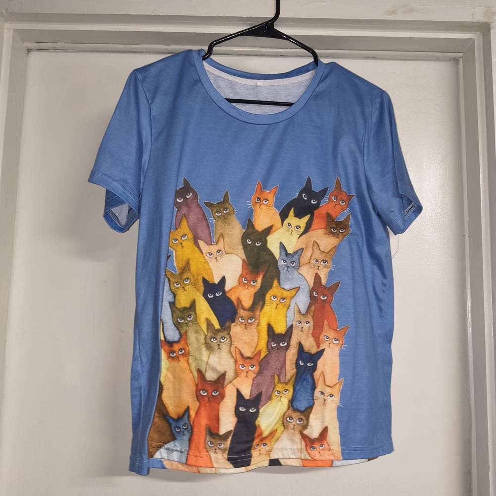 Blue Short Sleeve Tee with Colorful Cat Print